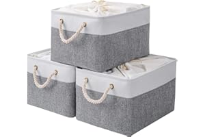 Yawinhe Lot de 3 Paniers de Rangement Pliables, Boite Rangement Tissu, avec Cordon de Serrage et 2 Poignées, Caisse de Rangement, pour Vêtements, Blanc/Gris, 38x28x26cm, SNK003WGL