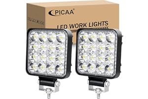 PICAA 2pcs Carré Phare de Travail Led 3.3 pouces 48W, 12v 24v 6000K Blanc Projecteur LED Voiture Feux de Travail Lampe de Travail pour Camion Tracteur 4x4 ATV SUV Moto