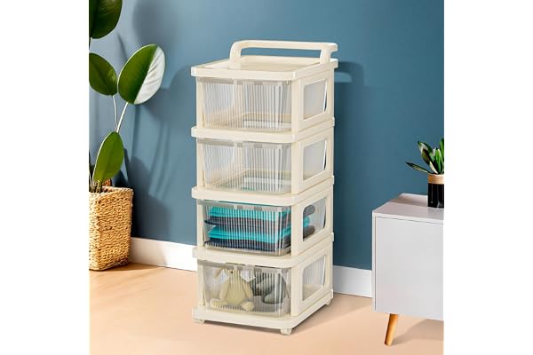 Kuber Industries 4 Layer Plastic Modular Storage Drawer Organizer with Wheels Chest of Drawer Storage Box for Living Room, Office, School and Home Toys Organiser for Kids Room Transparent Ivory