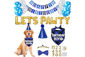 STMK Dog Birthday Decorations, Multi Sizes Dog Birthday Hat with Numbers Bandana Bow Tie Banner LETS PAWTY Balloons for Large Extra Large Dogs Pets (X-Large, Blue)