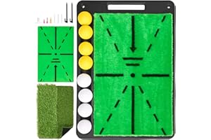 BADGESHAND 3 in 1 Golf Hitting Mat Swing Path Detection, Golf Practice Mat for Analysing Swing Path Detection Batting with Ball Tray, Rubber Base, Dual Turf Mat, 8 Practice Balls for Beginners, Adult, Children