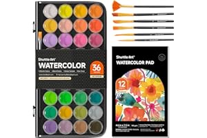 Shuttle Art 43PCS Kit Acuarelas, 36 Colores Acuarelas Profesionales con 6 Pinceles y 1 Bloc de Acuarela, Acuarelas para Niños, Adultos, Principiantes, Watercolor para Bullet Journal, Caligrafía