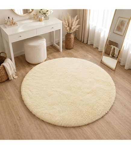 BEIMO Hochflor Teppich Flauschig Creme Teppich Wohnzimmer Rund 100CM Teppiche Schlafzimmer Anti-Rutsch Bettvorleger Teppiche Weich rutschfest für Kinderzimmer