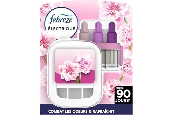 Febreze Kit De Démarrage Diffuseur Électrique Parfum Fleur naissante, Prise + Recharge de 20ml, 3 Parfums en Alternance, Combat les Odeurs et Rafraîchit Jusqu'à 90 Jours