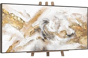 YS-Art Framed abstract painting on canvas Consonance Hand-painted acrylic artwork textured in beige color with gold Wall art Home decor 63x32 inches