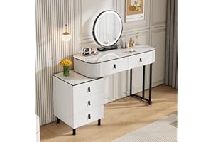 WOLTU Toaletka z lustrem podświetlanym LED, 3-kolorowe, przyciemniane, toaletka z 5 szufladami, szafka boczna i blat na wysoki połysk, elastyczny montaż, 100 x 40 cm, biały + czarny, MB6109ws