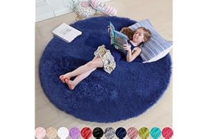 AMDREBIO Marineblauer runder Teppich für Jungenzimmer, Schlafzimmer, waschbar, Kreisbereich, Teppiche für Kinderzimmer, Wohnzimmer, Dekoration, ästhetisch, flauschiger Zottelfell-Überwurf, königsblau, Teppich