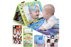 DEVOLAMN Tummy Time Mirror Toys, Baby Toys 0-6 Months Mirror Floor Toy Flip Foldable Cloth Book & Teether, Black and White Sensory Toys for Babies, Activity Montessori Newborn Floor Toys for Boys Girls Gifts