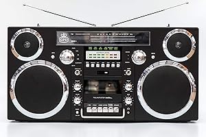 GPO Brooklyn - Boombox portable de style 80's - Lecteur CD, lecteur de cassettes, radio FM & DAB +, USB, haut-parleur Bluetooth sans fil - Blackpeaker - Noir