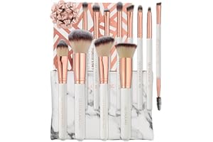 12-częściowy zestaw pędzli do makijażu w eleganckim kolorze różowego złota | w zestawie pędzel do podkładu, pędzel do pudru i pędzel do makijażu oczu z torbą do przechowywania w eleganckim wzornictwie marmurowym, Lily England