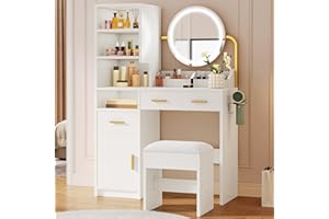 YITAHOME Schminktisch mit Beleuchtung, Einstellbarer Helligkeit, Frisiertisch Spiegel Schubladen, Schminktische Türen, Modern Make up Tisch mit Hocker Verstellbaren Ablagen, Haartrocknerhalter
