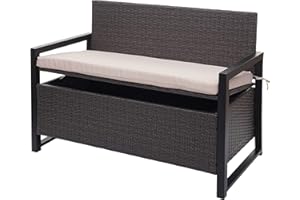 Mendler Banco de 2 plazas HWC-F39 de polirratán, banco de jardín, baúl, compartimento de almacenamiento, cojín de almacenamiento, color gris, cojín beige