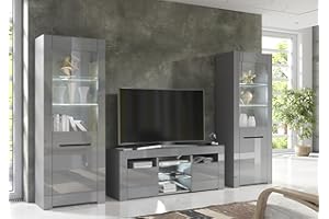 Furneo MilanoG – Grey Living Room Furniture Set, TV Stand & Display Cabinets, High Gloss & Matt Finish, White LED Lights