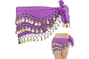 TUTUKYLE Bauchtanz Hüfttuch, Bauchtanz Kostüm Damen mit 128 Gold Münzen, Chiffon Tanztuch Bauchtanz Gürtel Rock, Yoga Belly Dance Costume