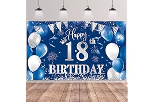 18th Birthday Backdrop Banner,BTZO Happy 18th Birthday Decorations,Blue Silver Large Fabric Photo Backdrop Background for Boys Girls 18th Birthday Party