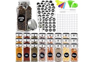 JOTOL Set di barattoli per spezie rettangolari, 24 pezzi, contenitori per spezie con coperchio, inserto per spargere le spezie, in vetro con etichette, pennello, imbuto per spezie, set per conservare