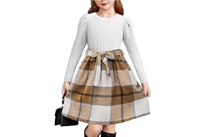 Arshiner Robe à Manches Longues Bouffantes pour Filles, Tricot côtelé, à Carreaux, Patchwork, décontractée, Princesse, Robe de soirée Automne-Hiver avec Poches pour Enfants de 4 à 14 Ans