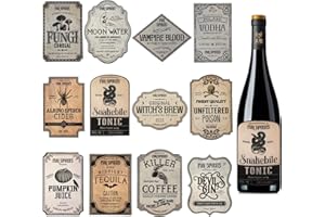 KINBOM 36 Uds Etiquetas para Botellas de Vino de Halloween, Vintage Impermeables Etiquetas Adhesivas para Botellas de Poción, Pegatinas para Botellas de Vino para Decoración de Fiestas de Halloween