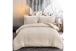 WONGS BEDDING Beige Seersucker Bedding Set King Size Puckering Seersucker Duvet Cover Set,Soft Microfiber,2 Pillowcases and Zipper Closure,220×230cm