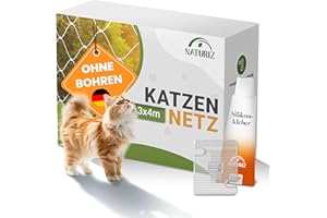Naturiz® Katzennetz für Balkon ohne Bohren inkl. Klebehaken & Silikonkleber – Katzenschutznetz für Balkon & Fenster, Katzennetz transparent - Taubennetz, Katzenschutznetz, Katzengitter (3x4m)