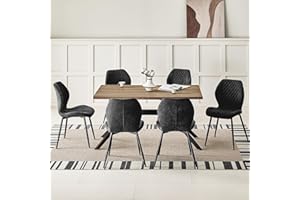 JIJIAN Essgruppen mit Dunkelbraun Holz Esstisch und 6 Schwarzer Stühle, Rechteckiger Esstisch in 140 x 80 x 76 cm mit 6 Ergonomischer Design Leinen Esszimmerstühle, für Esszimmer, Küche, Wohnzimmer