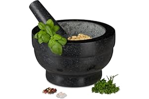 ‎RELAXDAYS Relaxdays Moździerz Granitowy XXL z Tłuczkiem, Wytrzymały, Trwały, Przyprawy, Zioła, Zaprawa Kamienna, 5,6 kg, Ø 20 cm, 1 L, Czarny