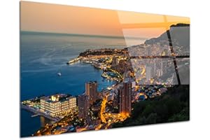 DECLINA Tableau plexi Photo déco Coucher de Soleil sur Monaco, Tableau Verre Acrylique, Impression sur plexiglass
