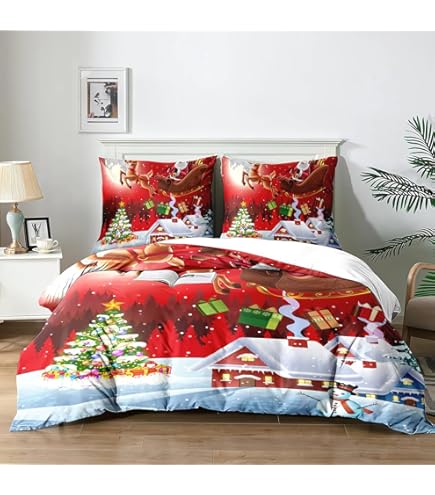 Cmfshape Set di biancheria da letto con copripiumino natalizio, 5 pezzi, per letto king size, motivo Babbo Natale, albero e alce, reversibile, con 2 federe e 2 federe (king size 269 x