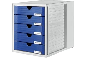 Han - Cajonera de oficina (5 cajones con etiquetas, tamaño C4, 275 x 320 x 330 mm), color gris claro y azul