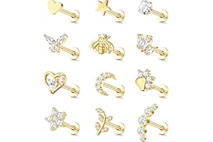 JEWEBELLA JewBella 12 Pièces 16G Piercing Oreille Cartilage pour Femme Homme Acier Chirurgical Filetage Interne CZ Lune Coeur Feuille Boucles d'oreilles Piercing Nez Labret Helix Tragus Argent/Or