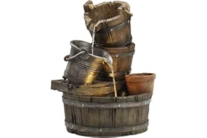 SERENITY WATER FEATURES Serenity Cascading Barrel & Bucket Water Feature with Flower Planter, Outdoor Freestanding Self Contained Garden Water Fountain, Tipping Barrel & Bucket Patio Decor Ornament with LED Light 57cm