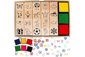 HOWAF 26pcs Wooden Stamps for Kids Crafting with Ink Pad, Animal Santa Unicorn Dinosaur Football Snowflake Stamps for Children DIY Scrapbooks Card Making Printing Craft Gift Wrapping Paper Supplies