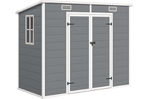 Outsunny Casetta da Giardino Porta Attrezzi in Finitura Effetto Legno Graffiato con Pavimento, 2.54m² Capanno da Giardino con Doppia Porte e Serratura, Tetto Inclinato, 238x125x183cm, Grigio