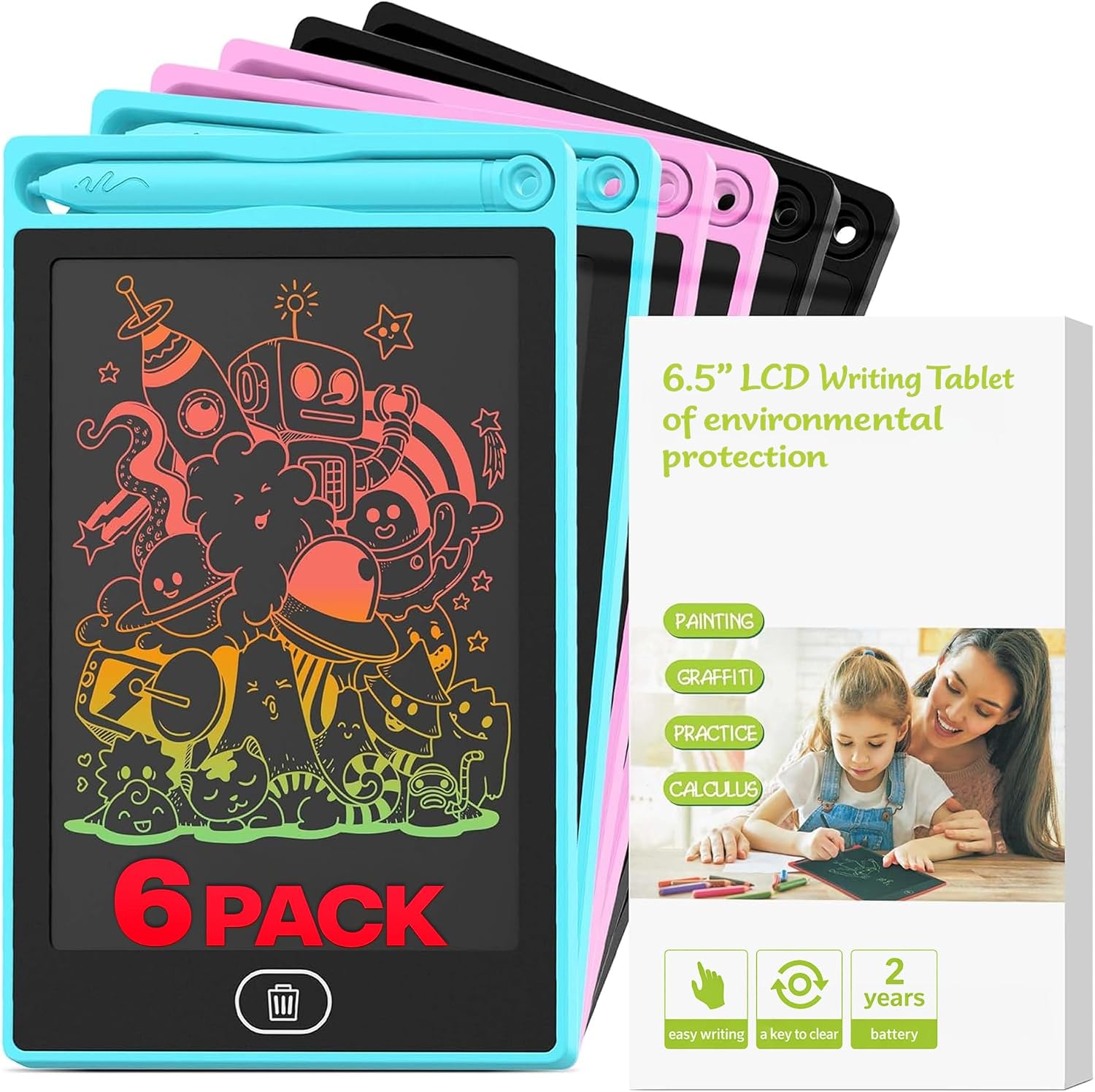 6-Pack LCD Writing Tablet for Kids - Writing Tablets, 6.5" Doodle Board, One-Click Erasure, Easy to Use Drawing Board - LCD Tablet Writing Board Gifts, Kids Drawing Pad Toys