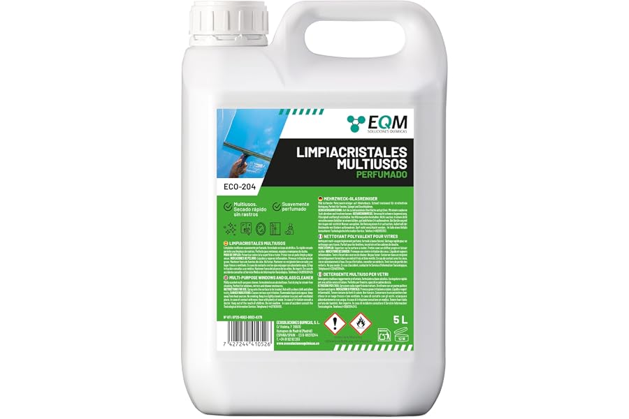 EQM - ECO-204 - Limpiacristales Multiusos Profesional - 5L - Limpieza Rápida, Sin Rastros Ni Marcas - Aroma Fresco y Envolven