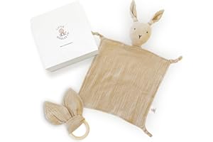 Little Giggles Co. Baby Comforters - Bunny Muslin Comforter & Sensory Ring Toy - 2 Piece Set - Natural Beige Soft Cotton Fabric - Neutral Baby Essentials for Newborn Unisex