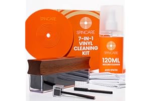 Kit Pulizia Vinili | Spincare 7-in-1 pulisci vinile | Spazzola Velvet con Manico in Legno e Coperture Antipolvere | Soluzione 120ml | Spazzola per Puntina | Protezione Etichetta | Panni in Microfibra