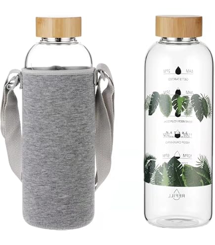 Sunkey Glass Water Bottle 32oz – Wide Mouth, Bamboo Lid, Time Marker, Neoprene Sleeve, BPA Free (Green)
