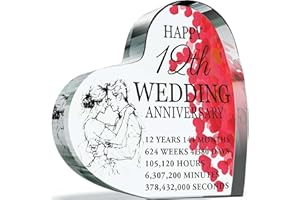 GIFTZIE 12th Anniversary Plaque Gifts for Wife Husband - Happy Silk Wedding Anniversary - I Love You Romantic Acrylic Heart Gift For Women Men, 100mm x 100mm Present For Couples Twelfth Anniversaries
