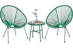 Aweather 3 Piece Acapulco Patio Chair Modern Rattan Patio Bistro Set with Round Chairs and Glass Top Table, Hand Woven Patio Conversation Set, for Backyard or Porch(Green