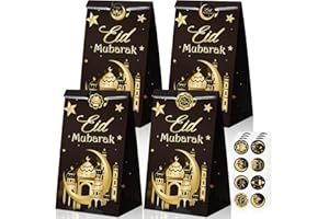 YISONG 28 Paquets Faveur de Fête Eid Mubarak Sacs de Fête Eid Mubarak en Papier Sac de Fête de Ramadan à Mosquée Imprimée Sacs-Cadeaux de Fête Eid Mubarak pour Fête Musulmane Bonbons (Noir)