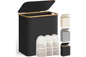 SONGMICS Wäschekorb mit Deckel, Wäschesammler mit 3 Fächern, 150 L, herausnehmbarer Wäschesack, Oxford-Gewebe, Griffe aus Bambus, zusammenklappbar, 60 x 38,5 x 70,5 cm, tintenschwarz LCB515B01