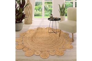 ‎TT HOME TT Home Jute Teppich Rund Wohnzimmer Esszimmer Boho Modern Handgemacht Mit Umrandung, Farbe: Natur, Größe:120 cm Rund