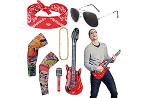 AOT Heavy Metal Disco Costume Accessories, Punk Rocker Fancy Dress with Retro Red Punk Bandanas Sunglasses Gloves Bandanas Fake Temporary Tattoo Sleeves Arm Inflatable Instrument Gold Chain