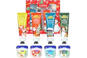 LDUMODUW Set Regalo di Natale, Confezione da 4 Creme Mani Mini per Pelle Molto Secca, Crema Mani Idratante di Natale per donna, Regali di Natale per Donne, con 4 Balsami Labbra