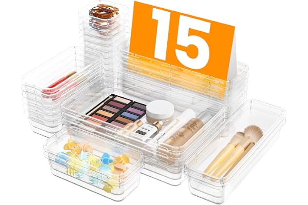 A-LuGei Lot de 15 Organisateurs de Tiroir avec 4 tailles, organisateur de coiffeuse, tiroir de maquillage, système d'organisation de tiroirs pouvant être utilisé pour les, les salles de bains
