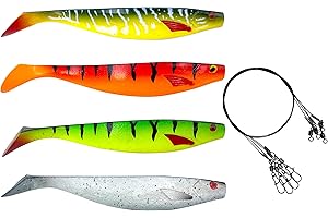 ‎PETRI'S CATCH 2016 PetrisCatch 4er Gummifisch Set + 4 Stahlvorfächer, 15cm, UV aktiv, Hecht, Zander