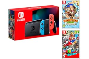 Nintendo Switch rojo/azul neón 32 GB Pack + Super Mario Odyssey + Donkey Kong: Tropical Freeze