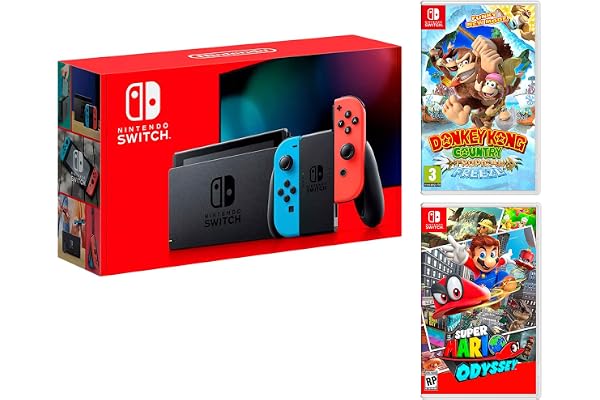 Nintendo Switch rojo/azul neón 32 GB Pack + Super Mario Odyssey + Donkey Kong: Tropical Freeze