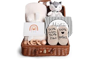 Vehoukli Cadeaux de Naissance pour garçons et Filles - Coffret Cadeau bébé personnalisé 7 pièces pour Nouveau-né avec Doudou, Couverture, Bavoir, Chaussettes et hochet en Bois